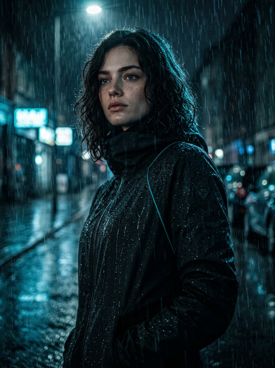 A personagem Nova em uma cena de chuva na rua, com a mesma identidade visual